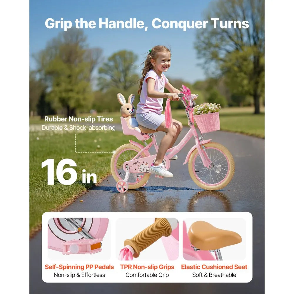 VEVOR Kids Bike, 16 Inches Princess Style Children Bicycle with Streamers & Basket, Rider Height 3.28 ft - 4.27 ft, Doll Seat & Training Wheels Included, Toddler Bike for Girls Learning to Ride, Pink