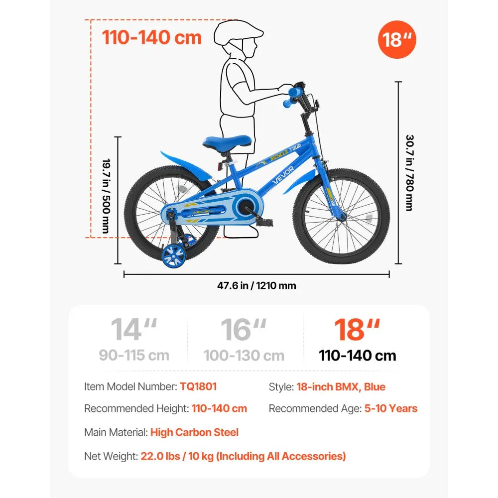 VEVOR Kids Bike, 18 Inches BMX Style Children Bicycle, Rider Height 3.61 ft - 4.59 ft, Training Wheels Included, Sturdy and Easy to Assemble, Toddler Bike for Boys & Girls Learning to Ride, Blue