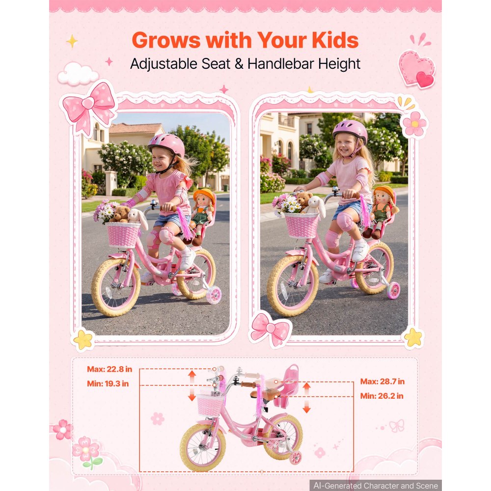 VEVOR Kids Bike, 14 Inch Children Bicycle, Training Wheels Princess Pink, for Girls Ages 3-5, Adjustable Seat, Front Brake and Rear Coaster Brake, Front Basket, Doll Seat, High-Carbon Steel Frame