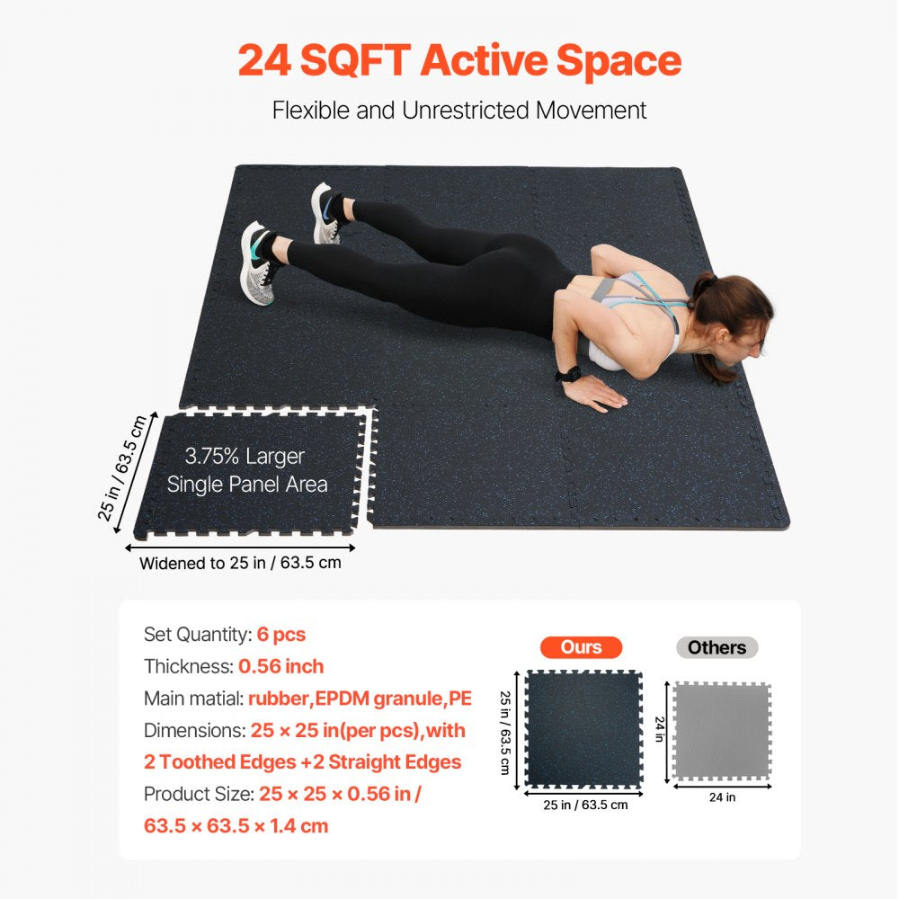 VEVOR 0.56 Inch Thick Gym Floor Mats, 6 Tiles Rubber Top with EVA Foam, 25" x 25" Gym Flooring Workout Mats with 25 sq.ft Coverage, Interlocking Puzzle Gym Mats for Gym, Home, Garage, Black & Blue