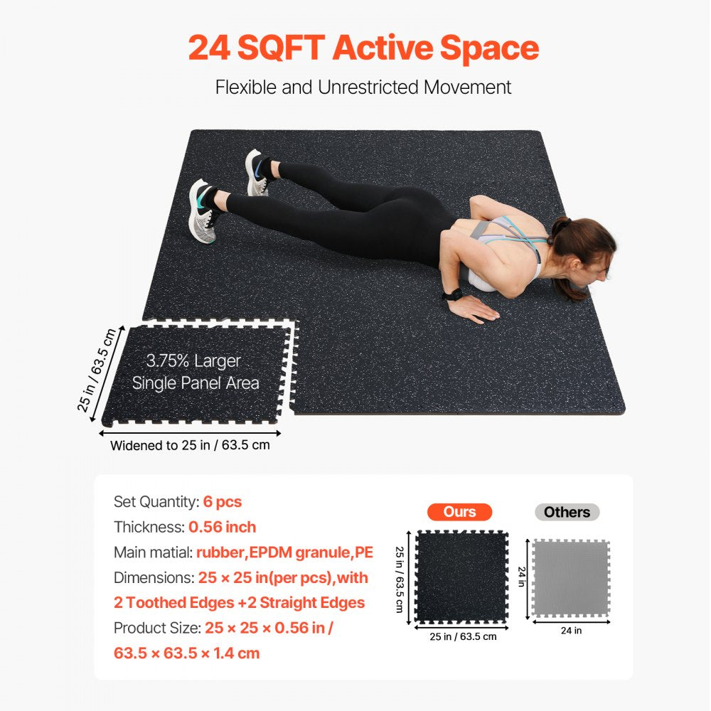 VEVOR 0.56 Inch Thick Gym Floor Mats, 6 Tiles Rubber Top with EVA Foam, 25" x 25" Gym Flooring Workout Mats with 25 sq.ft Coverage, Interlocking Puzzle Gym Mats for Gym, Home, Garage, Black & White
