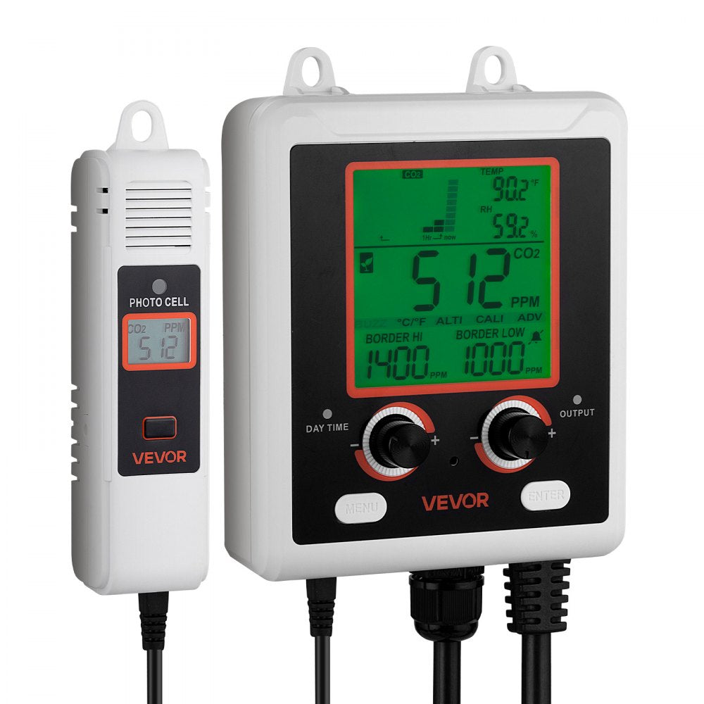 VEVOR Carbon Dioxide Monitoring Controller, Dual Outlets Carbon Dioxide Controller, CO2 Meter Monitor Day and Night Detection Feature, NDIR CO2 Sensor for Green House, Laboratories, Classrooms, Home