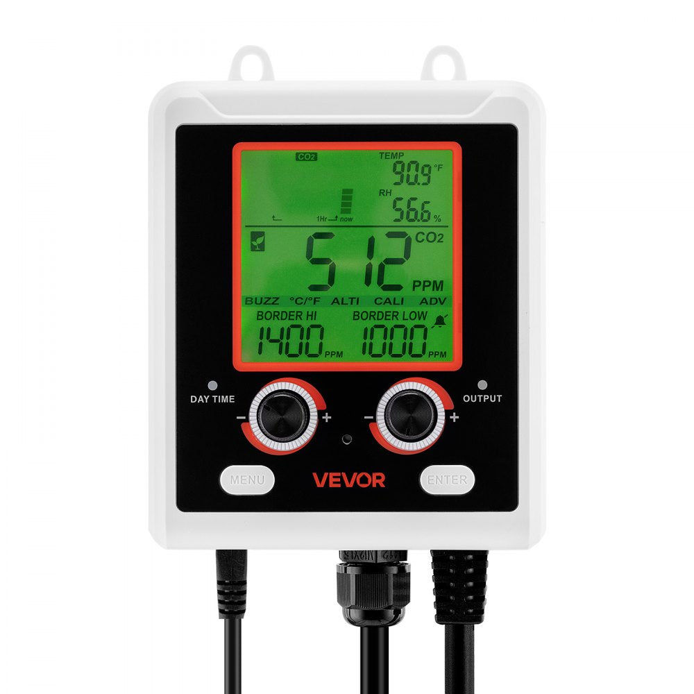 VEVOR Carbon Dioxide Monitoring Controller, Dual Outlets Carbon Dioxide Controller, CO2 Meter Monitor Day and Night Detection Feature, NDIR CO2 Sensor for Green House, Laboratories, Classrooms, Home