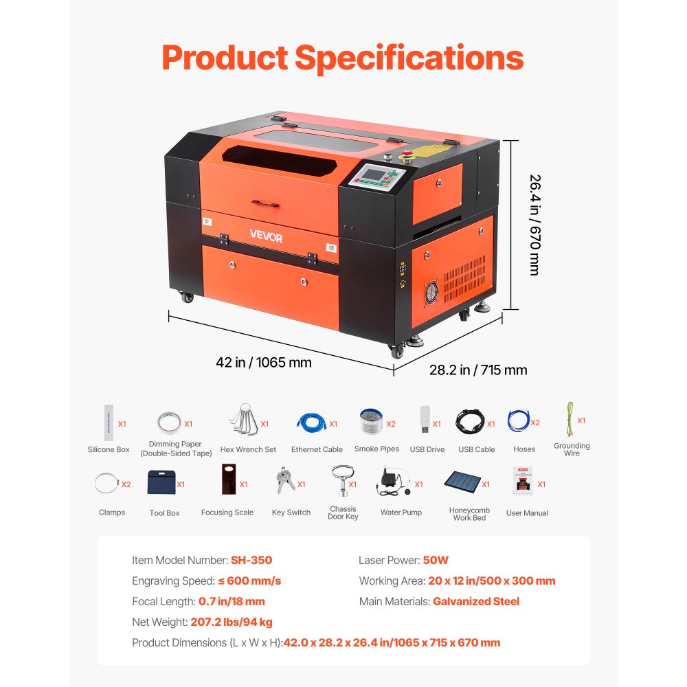 VEVOR 50W CO2 Laser Engraver, 20 x 12 in, CO2 Laser Engraver Cutter Machine with 4 Way Pass Air Assist, Engraving Cutting Machine, Compatible with LightBurn CorelDRAW RDWorks, for Wood Acrylic Glass