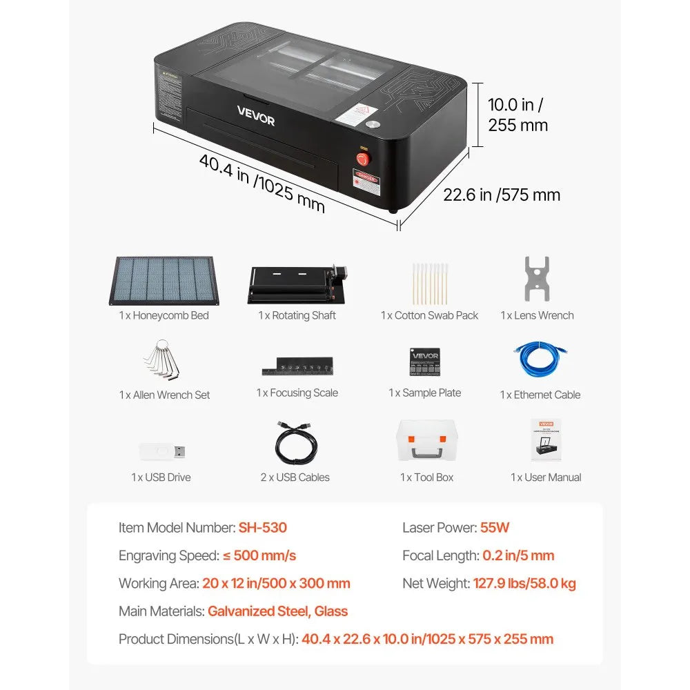 VEVOR 55W CO2 Laser Engraver, 20 x 12 in, Desktop CO2 Laser Engraver and Cutter Machine with 16MP Camera, Water Pump, Rotary Axis, Compatible with LightBurn CorelDRAW RDWorks, for Wood Acrylic Glass