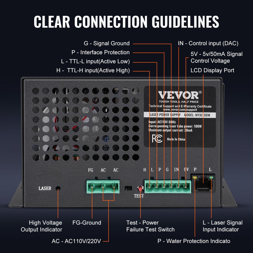 VEVOR CO2 Laser Power Supply, 100W, Power Supply for 100W Laser Tube, Constant Current Protection, Open Circuit Protection, Fast Heat Dissipation, Compatible for Multi-brand Laser Engravers & Cutters