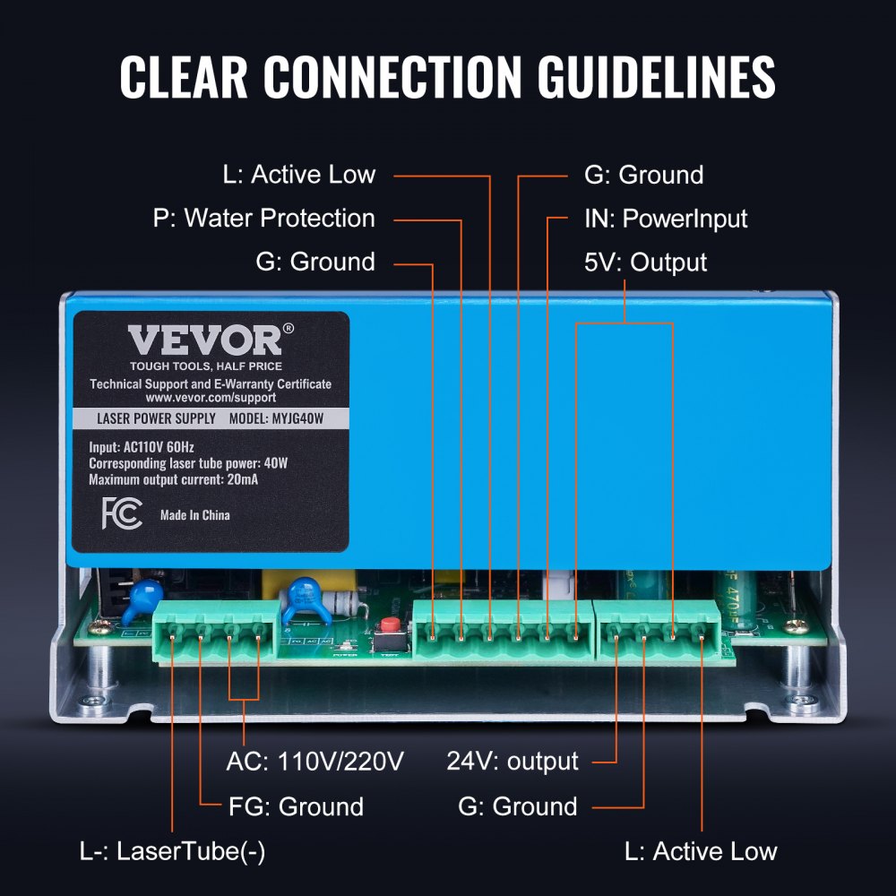 VEVOR CO2 Laser Power Supply, 40W, Power Supply for 40W Laser Tube, Constant Current Protection, Open Circuit Protection, Fast Heat Dissipation, Compatible for Multi-brand Laser Engravers & Cutters
