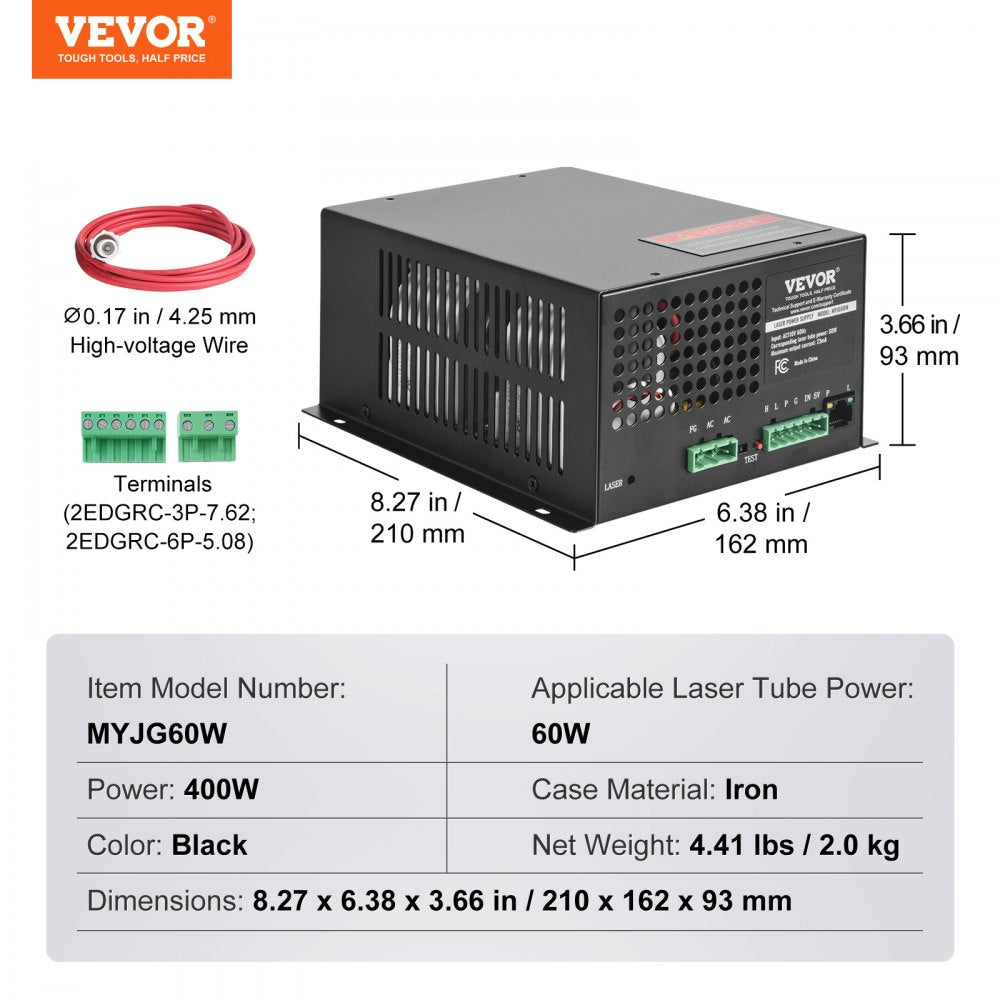 VEVOR CO2 Laser Power Supply, 60W, Power Supply for 60W Laser Tube, Constant Current Protection, Open Circuit Protection, Fast Heat Dissipation, Compatible for Multi-brand Laser Engravers & Cutters