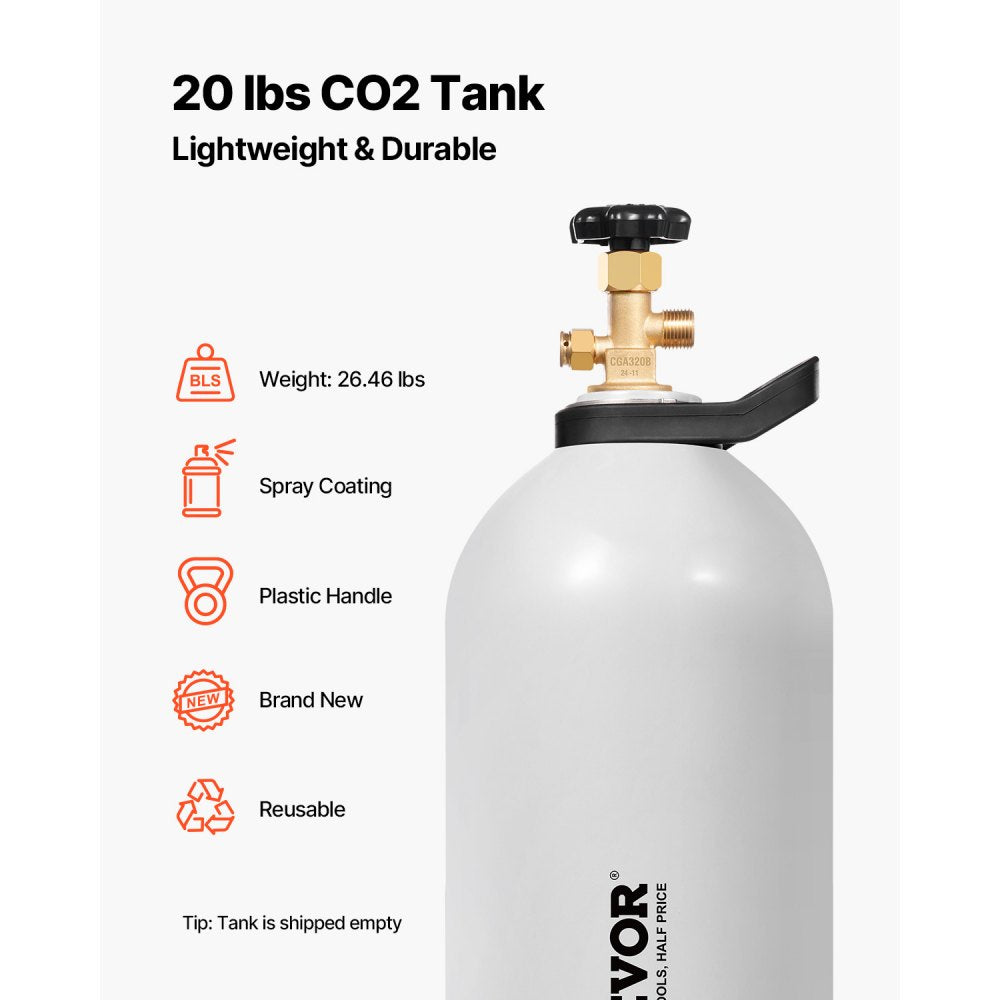 VEVOR CO2 Tank, 20 lbs New Aluminum Alloy Cylinder, CO2 Air Tank with Spray Coating, CGA320 Valve, Handle & Adjustable Pressure, DOT & TC Approved Cylinder for Draft Beer Dispensing and Soda Maker
