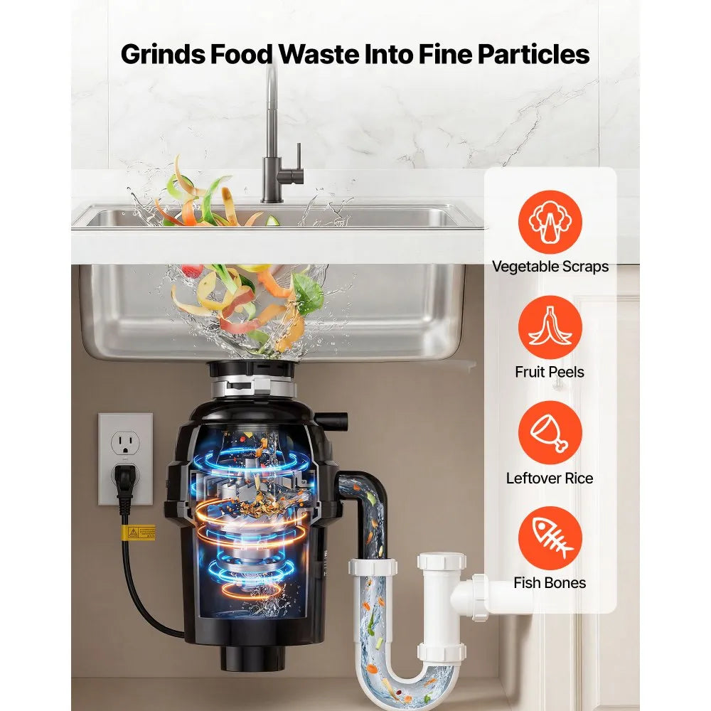 VEVOR Food Waste Garbage Disposal, 1HP 3500RPM DC Motor, Continuous Feed Kitchen Sink Garbage Disposer, EZ Connect Food Waste Grinding System with Sound Reduction & Power Cord for Kitchens