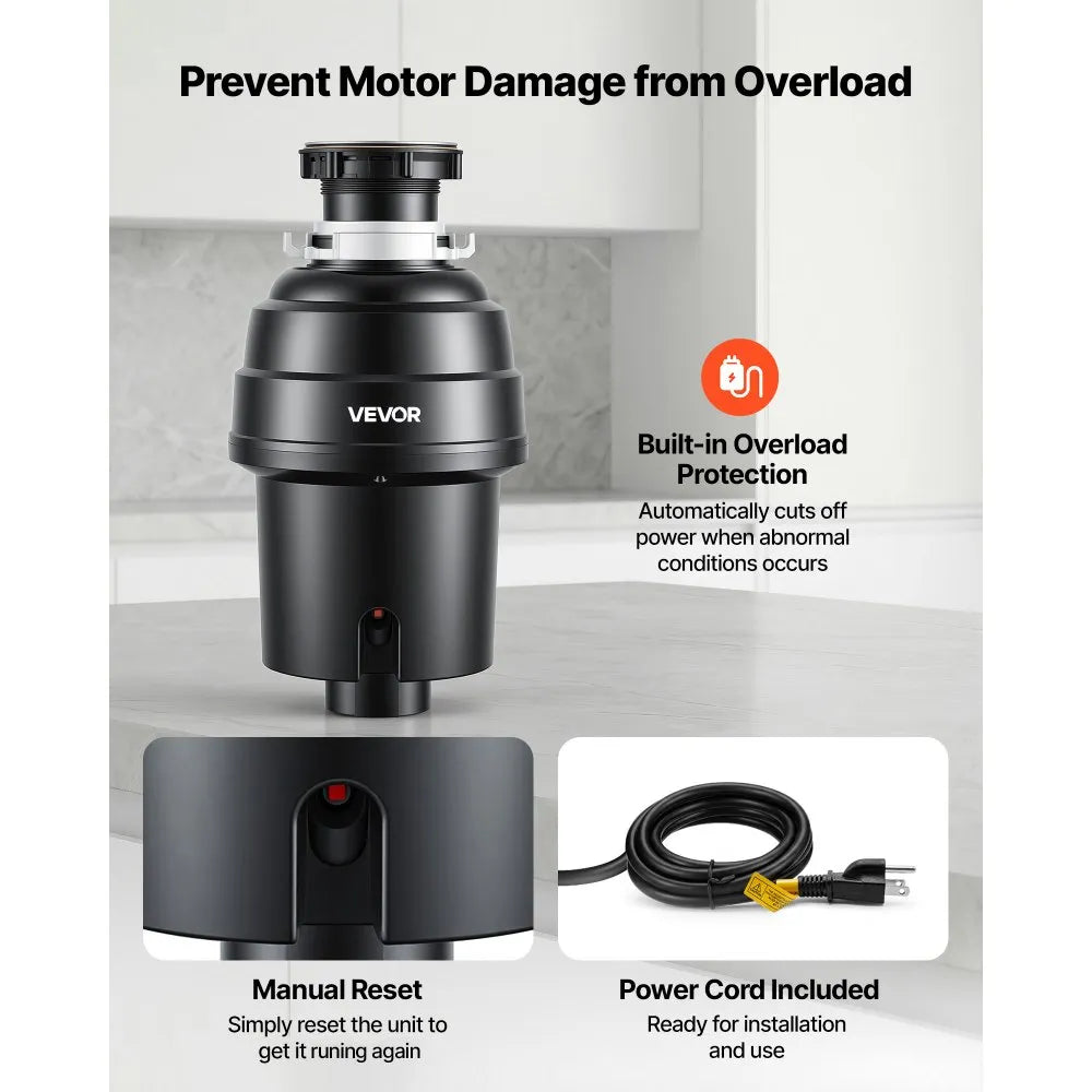 VEVOR Food Waste Garbage Disposal, 1HP 3500RPM DC Motor, Continuous Feed Kitchen Sink Garbage Disposer, EZ Connect Food Waste Grinding System with Sound Reduction & Power Cord for Kitchens