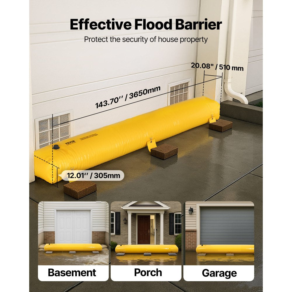 VEVOR Flood Barrier, 12 ft Length x 12 in Height Sandbag Alternative, Water Barrier for Flooding with Great Waterproof Effect, Reusable PVC Water Diversion Tubes, Flood Barriers for Home, Door, Garage
