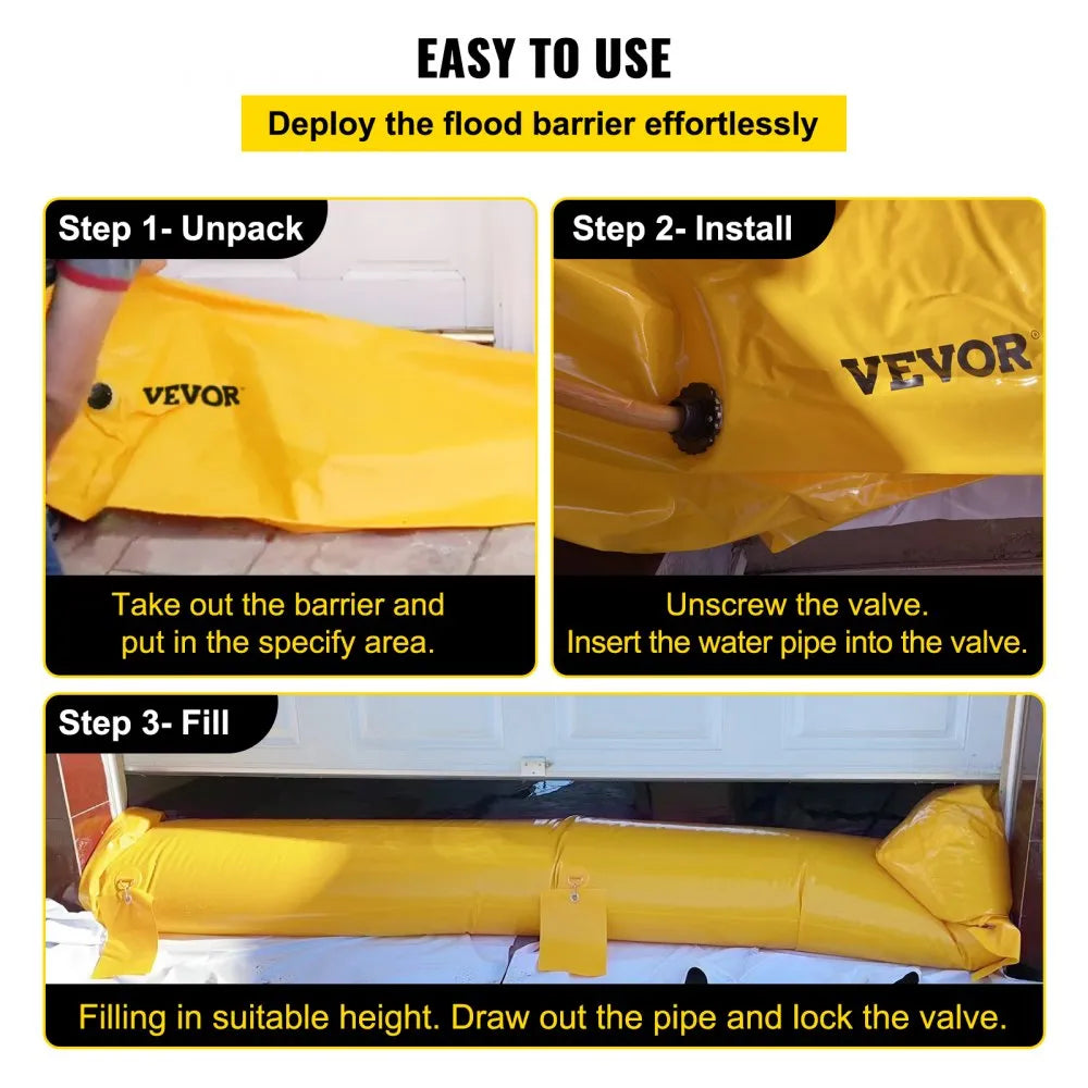 VEVOR Flood Bag, 24 ft Length x 12 in Height, Reusable PVC Water Diversion Tubes, Lightweight with Excellent Waterproof Effect Used for Doorways, Garages, Yellow