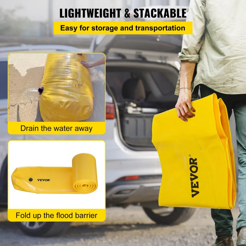 VEVOR Flood Bag, 24 ft Length x 12 in Height, Reusable PVC Water Diversion Tubes, Lightweight with Excellent Waterproof Effect Used for Doorways, Garages, Yellow