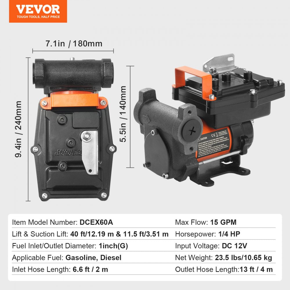 VEVOR Fuel Transfer Pump, 12V DC 15 GPM 1/4 HP, Portable Electric Diesel Transfer Pump with Auto Shut-Off Fuel Nozzle, Long Inlet & Outlet Hose for Gasoline, Diesel, Kerosene, Methanol Blends