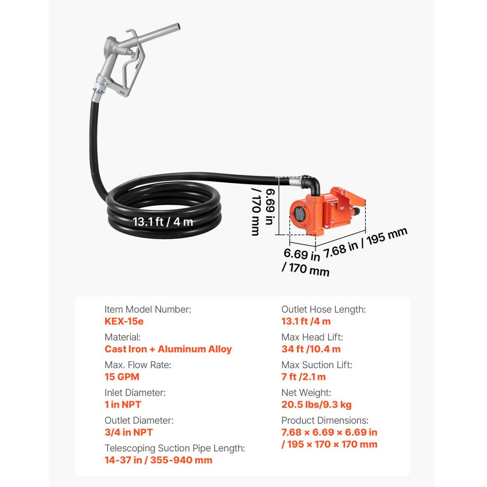 VEVOR Fuel Transfer Pump, 12V DC 15 GPM, Cast Iron Diesel Transfer Pump Kit, with Manual Nozzle, Discharge Hose, Overheat Protection, Power Cable, Explosion-Proof, for Gasoline Diesel Kerosene & More