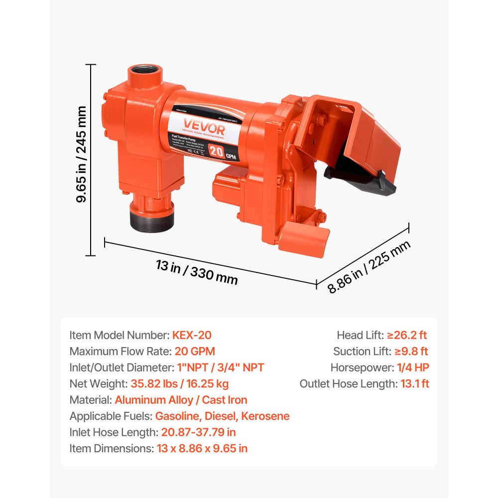 VEVOR Fuel Transfer Pump, 12V DC 20 GPM 1/4 HP Diesel Pump, Extractor Pumps with Manual Nozzle, Discharge Hose and Suction Pipe, for Gasoline, Diesel, Kerosene, Ethanol-Methanol Blends & Biodiesel