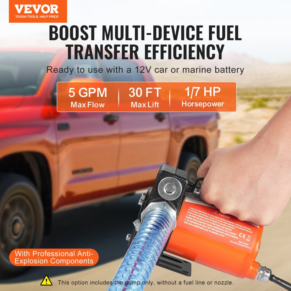 VEVOR Fuel Transfer Pump, 12V DC 5 GPM 1/10 HP, Portable Electric Diesel Transfer Pump with Auto Shut-Off Fuel Nozzle, Long Inlet & Outlet Hose for Gasoline Diesel, Kerosene, Methanol Blends