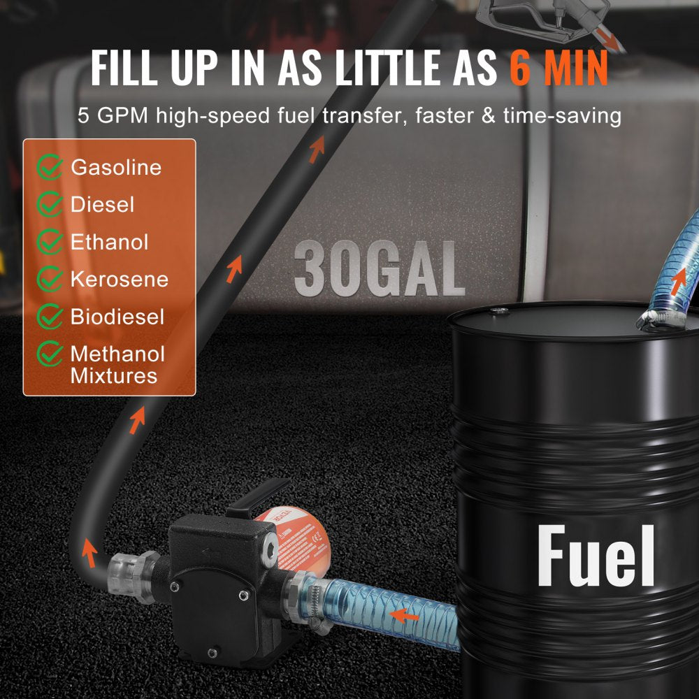 VEVOR Fuel Transfer Pump, 12V DC 5 GPM 1/10 HP, Portable Electric Diesel Transfer Pump with Auto Shut-Off Fuel Nozzle, Long Inlet & Outlet Hose for Gasoline Diesel, Kerosene, Methanol Blends