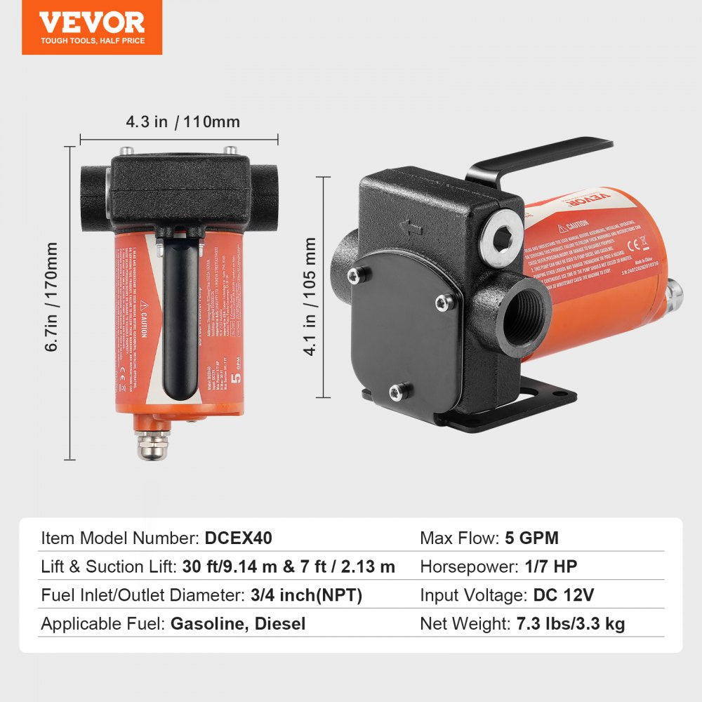 VEVOR Fuel Transfer Pump, 12V DC 5 GPM 1/10 HP, Portable Electric Diesel Transfer Pump with Auto Shut-Off Fuel Nozzle, Long Inlet & Outlet Hose for Gasoline Diesel, Kerosene, Methanol Blends