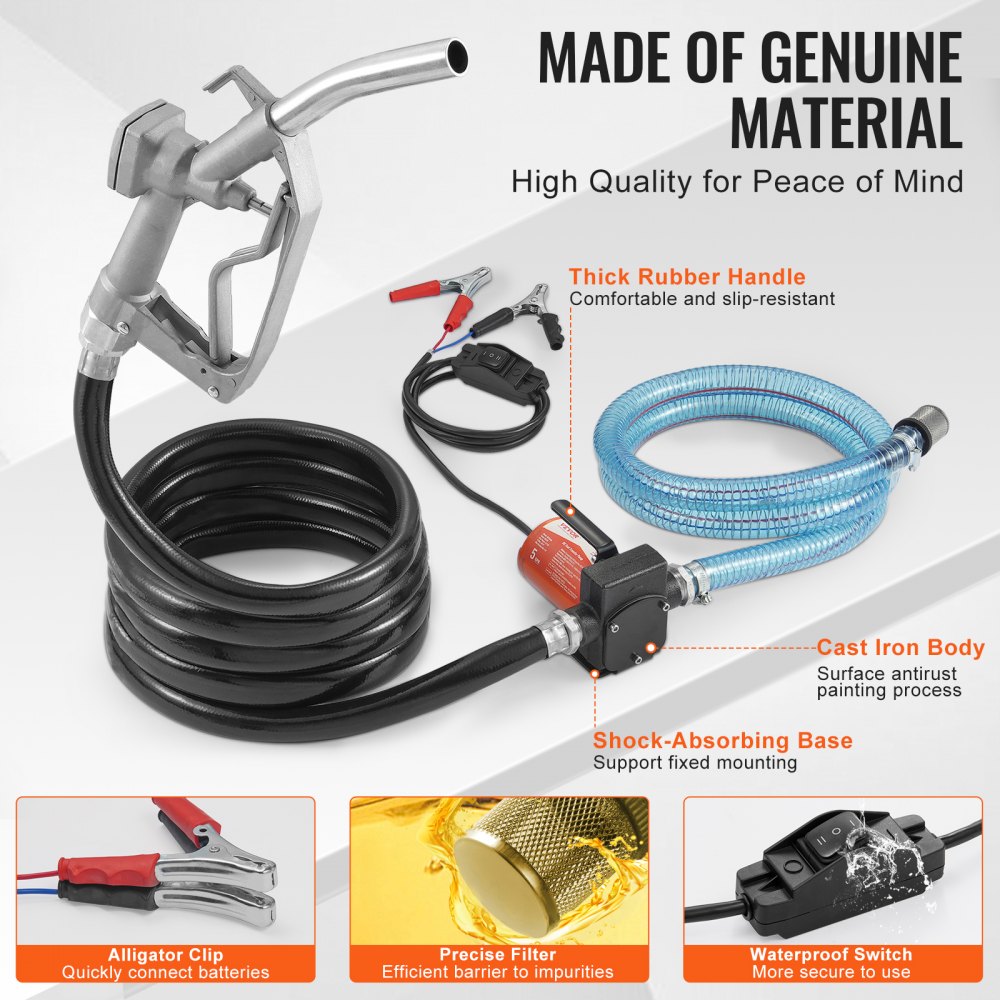 VEVOR Fuel Transfer Pump, 12V DC 5.3 GPM 1/10 HP, Portable Electric Diesel Transfer Pump with Auto Shut-Off Fuel Nozzle, Long Inlet & Outlet Hose for Gasoline, Diesel, Kerosene, Methanol Blends