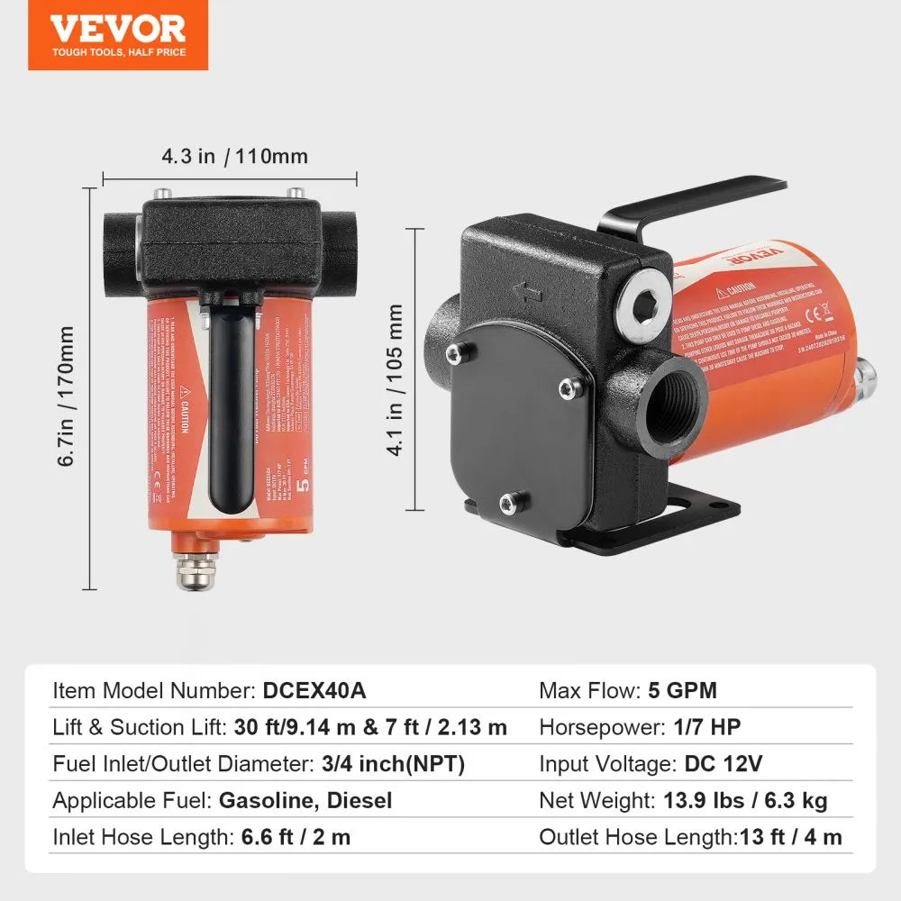 VEVOR Fuel Transfer Pump, 12V DC 5.3 GPM 1/10 HP, Portable Electric Diesel Transfer Pump with Auto Shut-Off Fuel Nozzle, Long Inlet & Outlet Hose for Gasoline, Diesel, Kerosene, Methanol Blends
