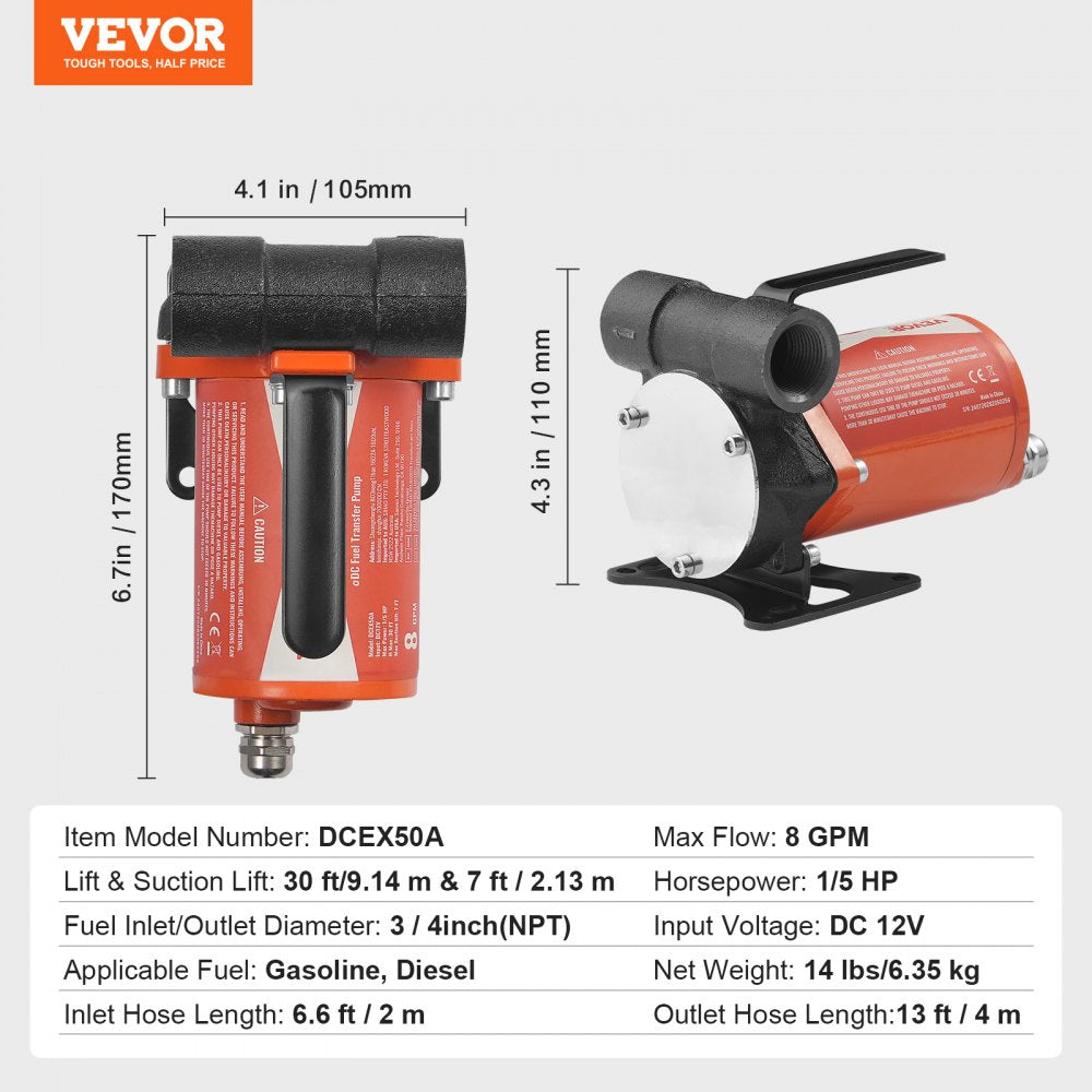 VEVOR Fuel Transfer Pump, 12V DC 8 GPM 1/6 HP, Portable Electric Diesel Transfer Pump with Auto Shut-Off Fuel Nozzle, Long Inlet & Outlet Hose for Gasoline, Diesel, Kerosene, Methanol Blends