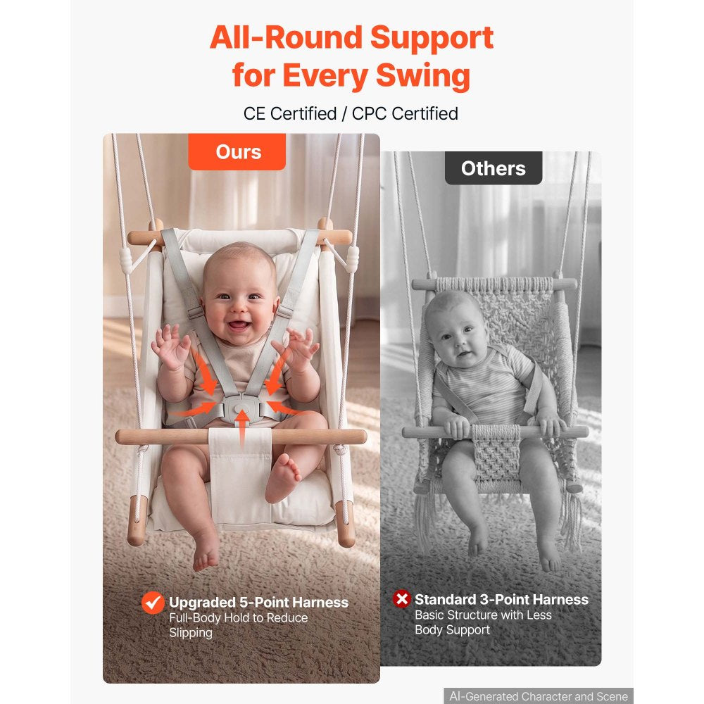 VEVOR Baby Swing 66 lbs Weight Capacity 3 Modes Canvas Hammock Swing White, for Indoor and Outdoor, 5-Point Harness and Tree Straps, Wooden Hanging Seat with Integrated Cushion for Baby to Toddler