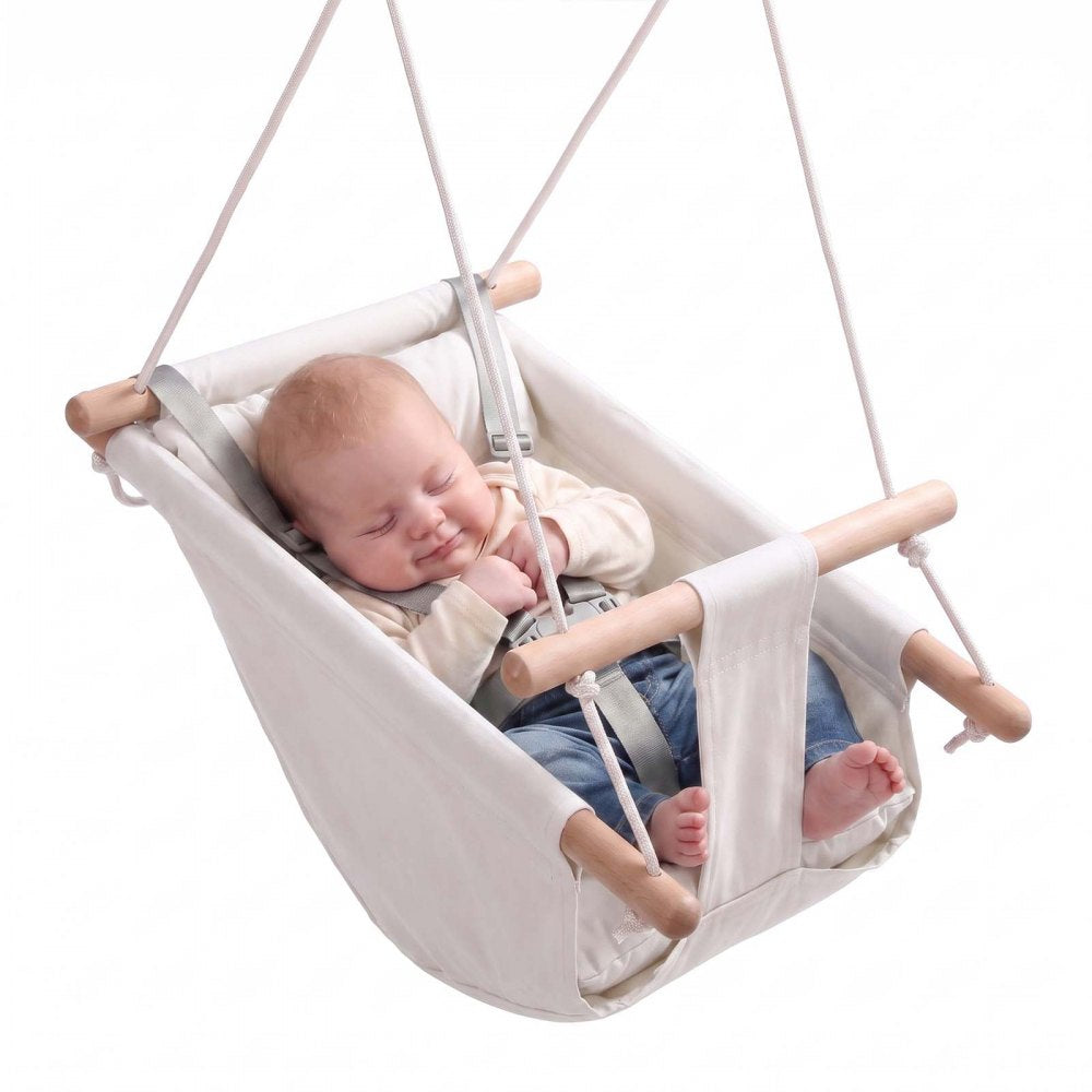 VEVOR Baby Swing 66 lbs Weight Capacity 3 Modes Canvas Hammock Swing White, for Indoor and Outdoor, 5-Point Harness and Tree Straps, Wooden Hanging Seat with Integrated Cushion for Baby to Toddler