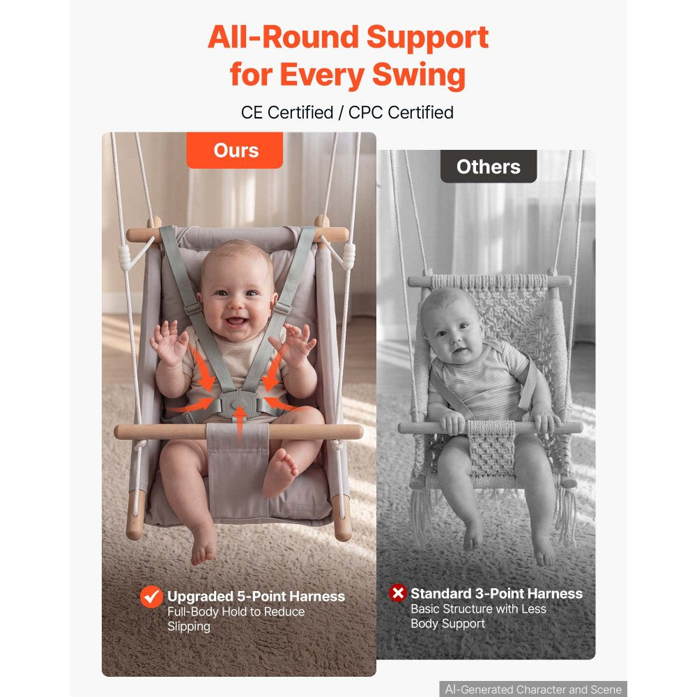 VEVOR Baby Swing 66 lbs Weight Capacity 3 Modes Canvas Hammock Swing Gray, for Indoor and Outdoor, 5-Point Harness and Tree Straps, Wooden Hanging Seat with Integrated Cushion for Baby to Toddler