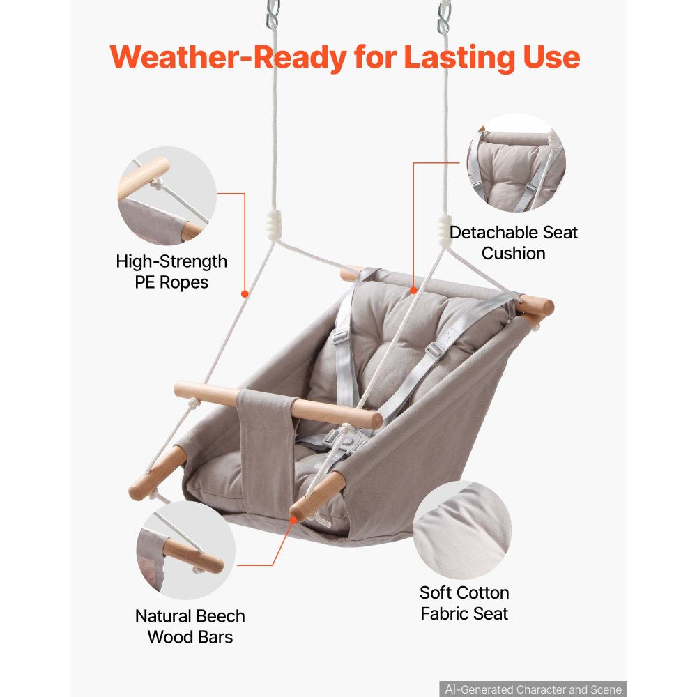 VEVOR Baby Swing 66 lbs Weight Capacity 3 Modes Canvas Hammock Swing Gray, for Indoor and Outdoor, 5-Point Harness and Tree Straps, Wooden Hanging Seat with Integrated Cushion for Baby to Toddler