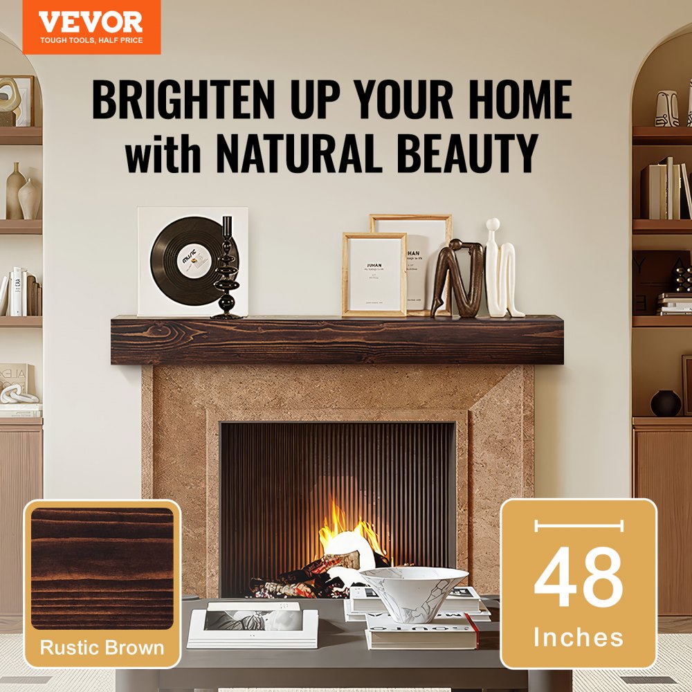 VEVOR Fireplace Mantel, 48" x 8" x 5", 50 lbs Weight Capacity, Natural Wood Mantel for Over Fireplace, Wall Mounted Floating Farmhouse Shelf, Handcrafted Fireplace Mantel for Wall Decor, Rustic Brown