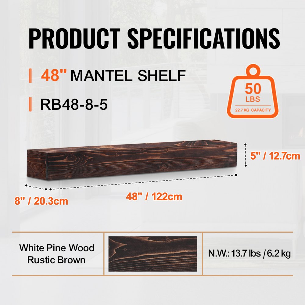 VEVOR Fireplace Mantel, 48" x 8" x 5", 50 lbs Weight Capacity, Natural Wood Mantel for Over Fireplace, Wall Mounted Floating Farmhouse Shelf, Handcrafted Fireplace Mantel for Wall Decor, Rustic Brown