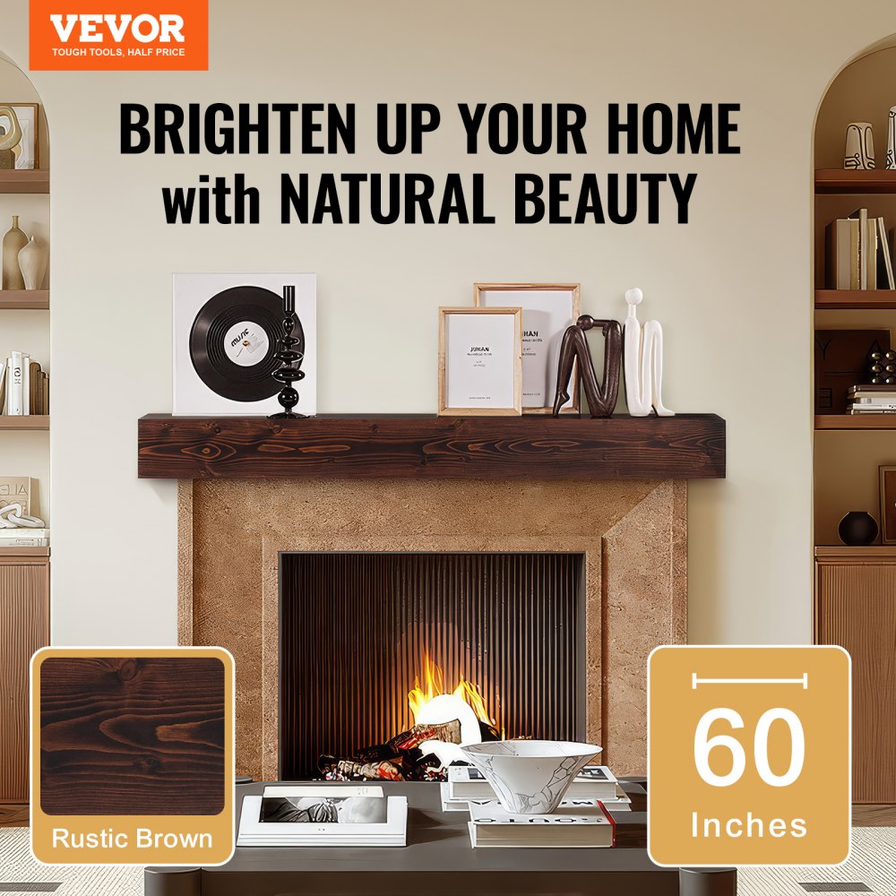 VEVOR Fireplace Mantel, 60" x 8" x 6", 50 lbs Weight Capacity, Natural Wood Mantel for Over Fireplace, Wall Mounted Floating Farmhouse Shelf, Handcrafted Fireplace Mantel for Wall Decor, Rustic Brown