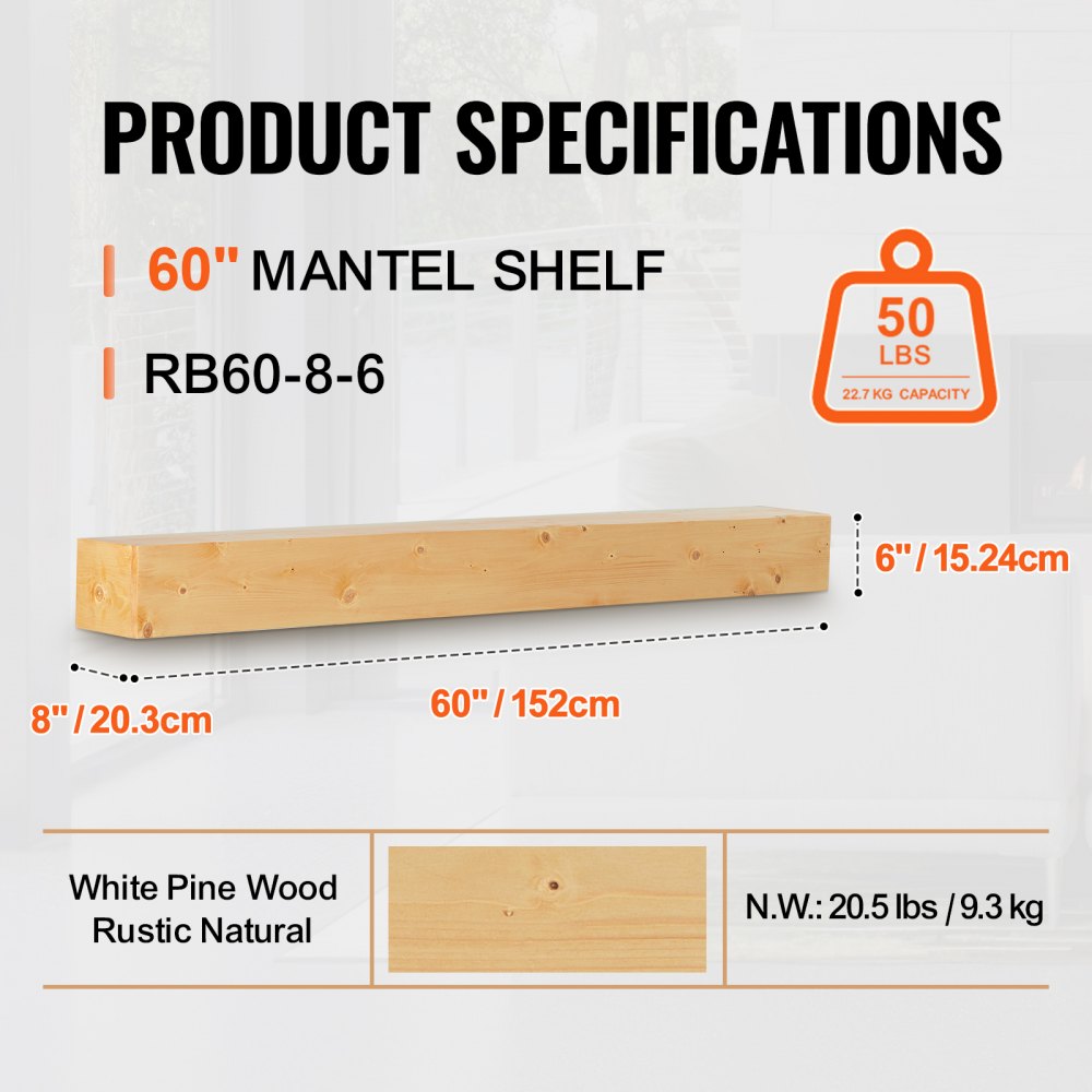 VEVOR Fireplace Mantel, 60" x 8" x 6", 50 lbs Weight Capacity, Natural Wood Mantel for Over Fireplace, Wall Mounted Floating Farmhouse Shelf, Handcrafted Wood Mantel for Wall Decor, Rustic Natural
