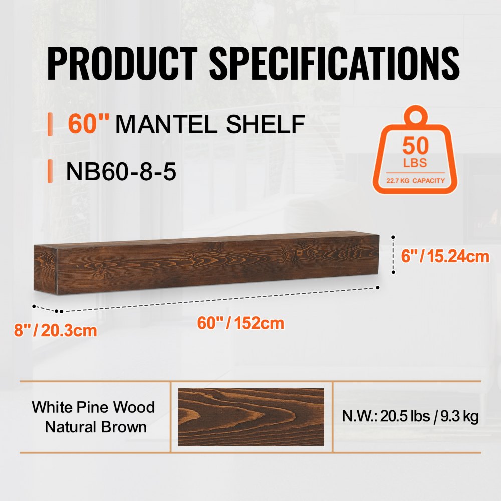 VEVOR Fireplace Mantel, 60" x 8" x 6", 50 lbs Weight Capacity, Natural Wood Mantel for Over Fireplace, Wall Mounted Floating Farmhouse Shelf, Handcrafted Fireplace Mantel for Wall Decor, Natural Brown