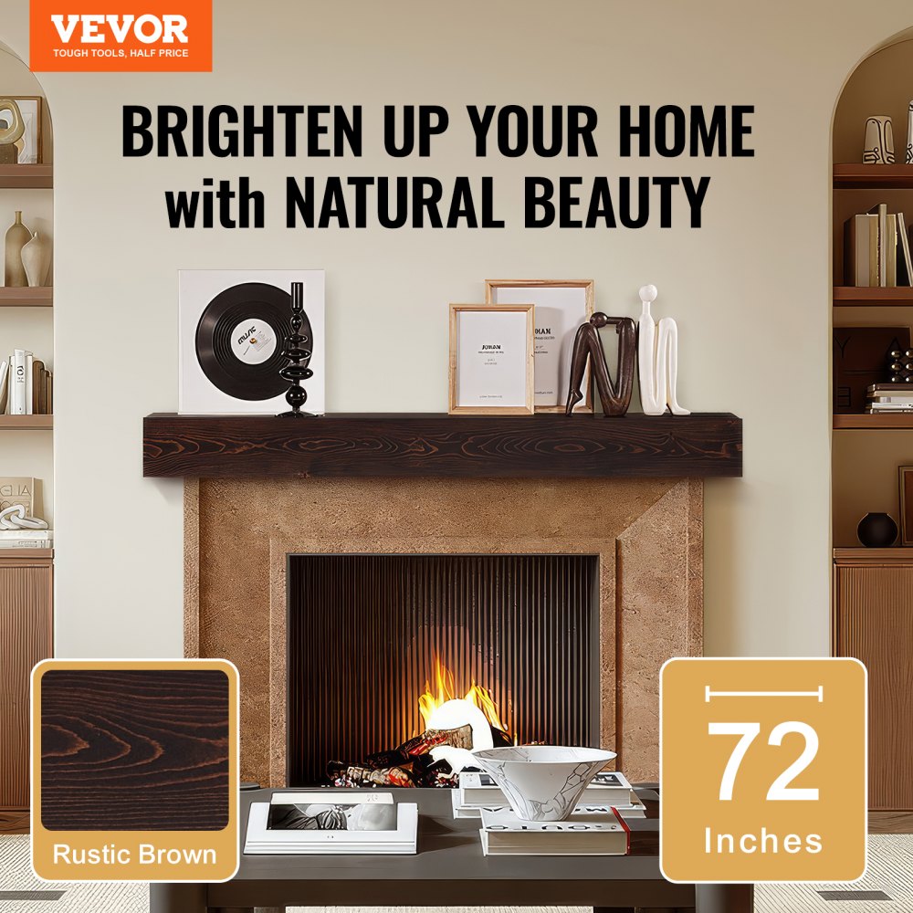 VEVOR Fireplace Mantel, 72" x 8" x 5", 50 lbs Weight Capacity, Natural Wood Mantel for Over Fireplace, Wall Mounted Floating Farmhouse Shelf, Handcrafted Fireplace Mantel for Wall Decor, Rustic Brown