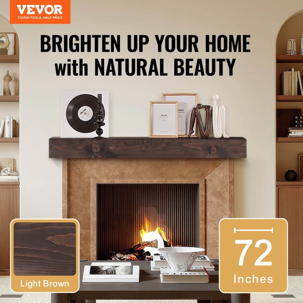 VEVOR Fireplace Mantel, 72" x 8" x 5", 50 lbs Weight Capacity, Natural Wood Mantel for Over Fireplace, Wall Mounted Floating Farmhouse Shelf, Handcrafted Fireplace Mantel for Wall Decor, Light Brown