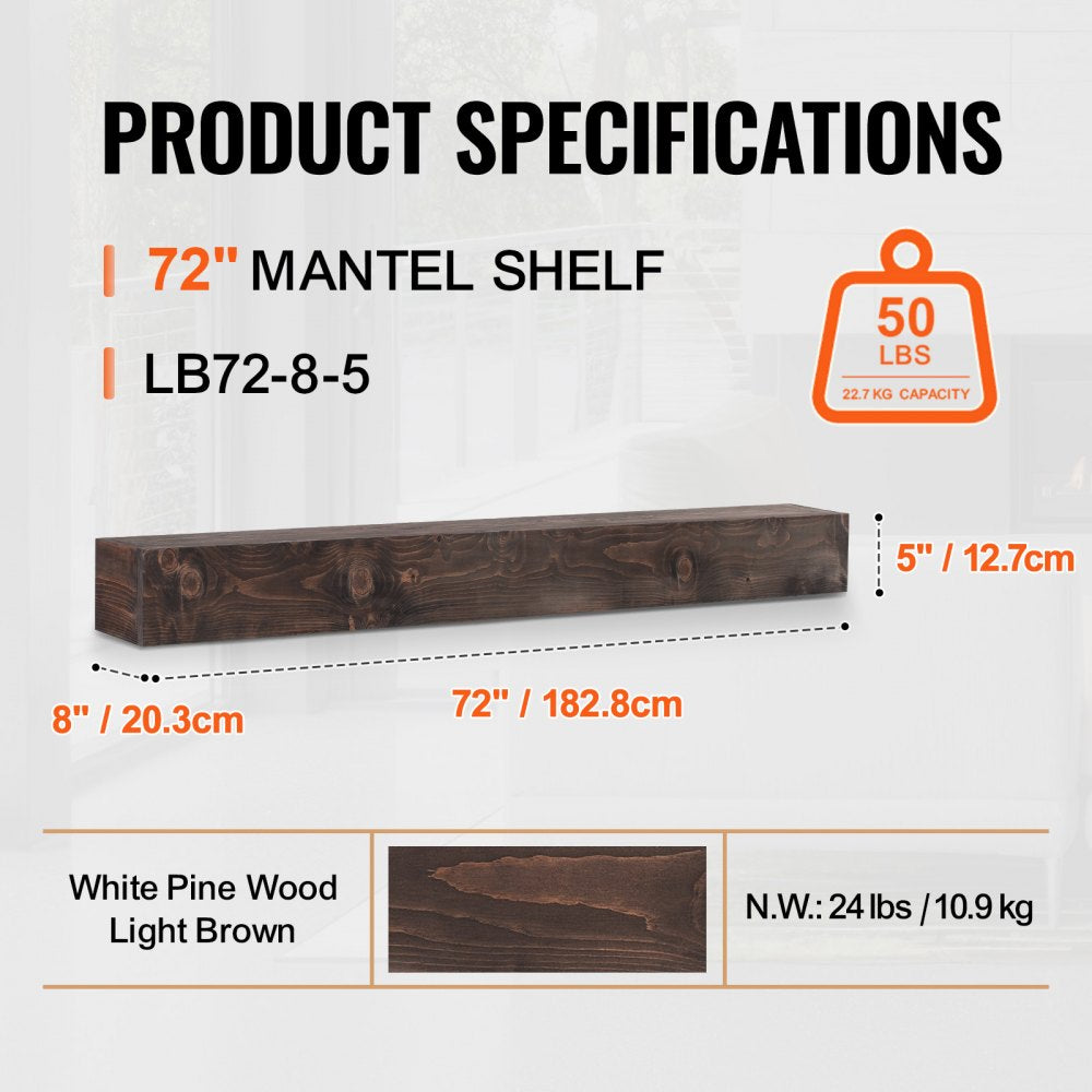 VEVOR Fireplace Mantel, 72" x 8" x 5", 50 lbs Weight Capacity, Natural Wood Mantel for Over Fireplace, Wall Mounted Floating Farmhouse Shelf, Handcrafted Fireplace Mantel for Wall Decor, Light Brown