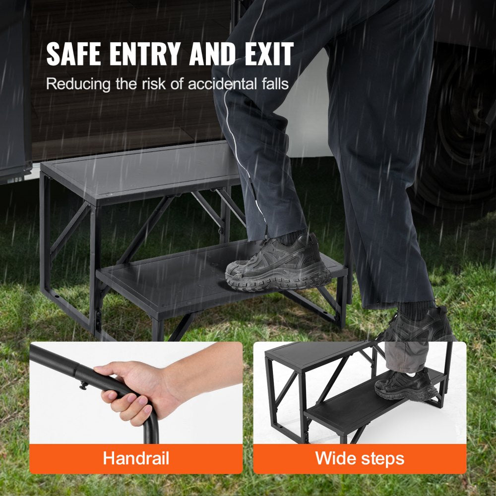 VEVOR RV Steps, 2-Step RV Stairs, 440 LBS Load Capacity, Thickened Carbon Steel, With Handrail, Non-Slip Steps for Safe Entry and Exit, Suit for RV, Trailer, Camper Steps