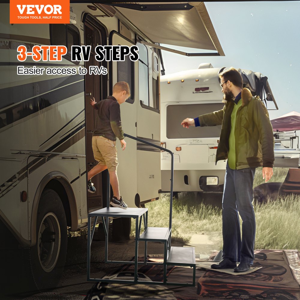 VEVOR RV Steps, 3-Step RV Stairs, 440 LBS Load Capacity, Thickened Carbon Steel, With Handrail, Non-Slip Steps for Safe Entry and Exit, Suit for RV, Trailer, Camper Steps