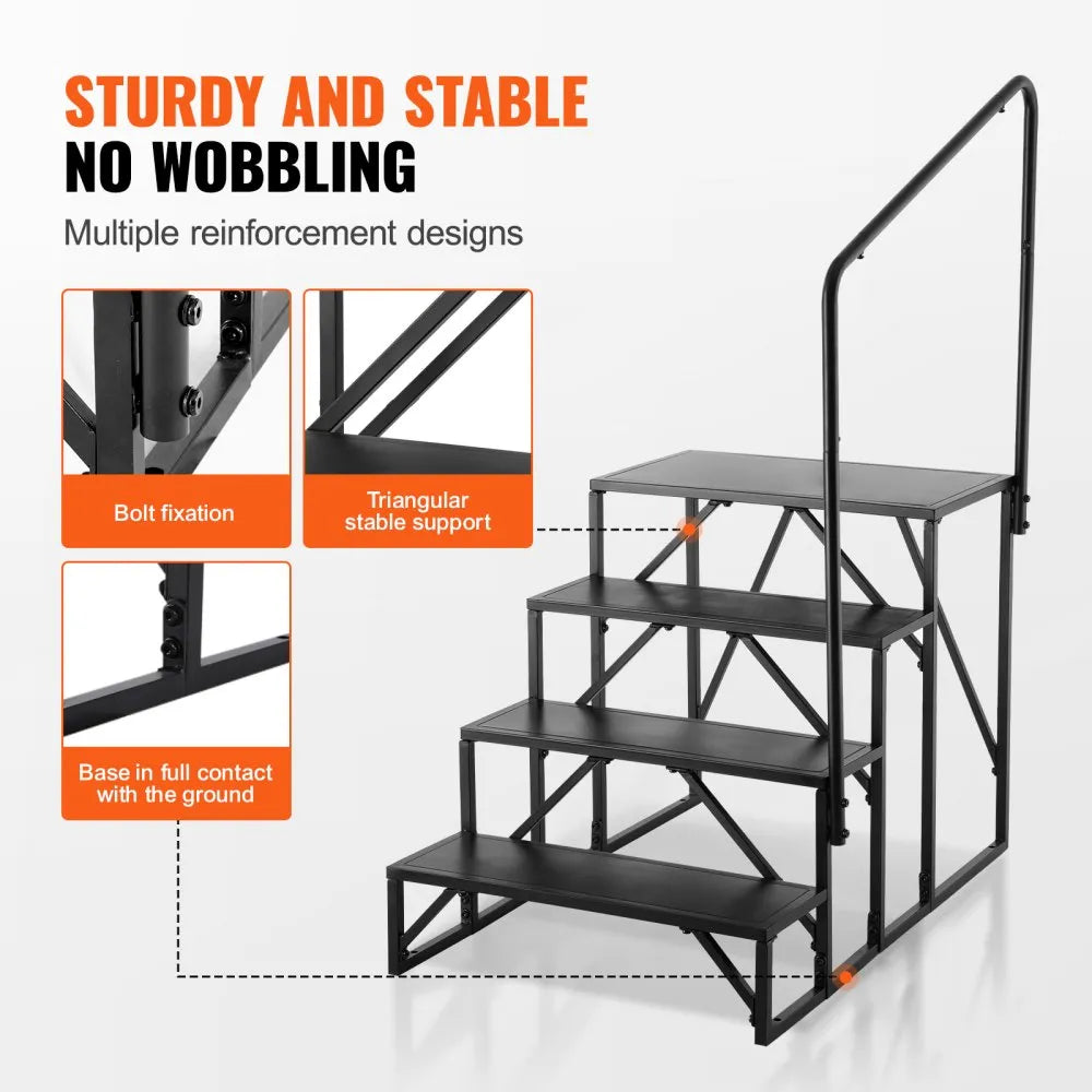 VEVOR RV Steps, 4-Step RV Stairs, 440 LBS Load Capacity, Thickened Carbon Steel, With Handrail, Non-Slip Steps for Safe Entry and Exit, Suit for RV, Trailer, Camper Steps