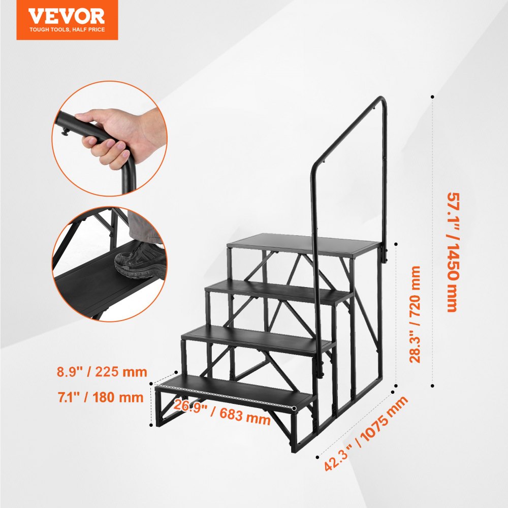 VEVOR RV Steps, 4-Step RV Stairs, 440 LBS Load Capacity, Thickened Carbon Steel, With Handrail, Non-Slip Steps for Safe Entry and Exit, Suit for RV, Trailer, Camper Steps