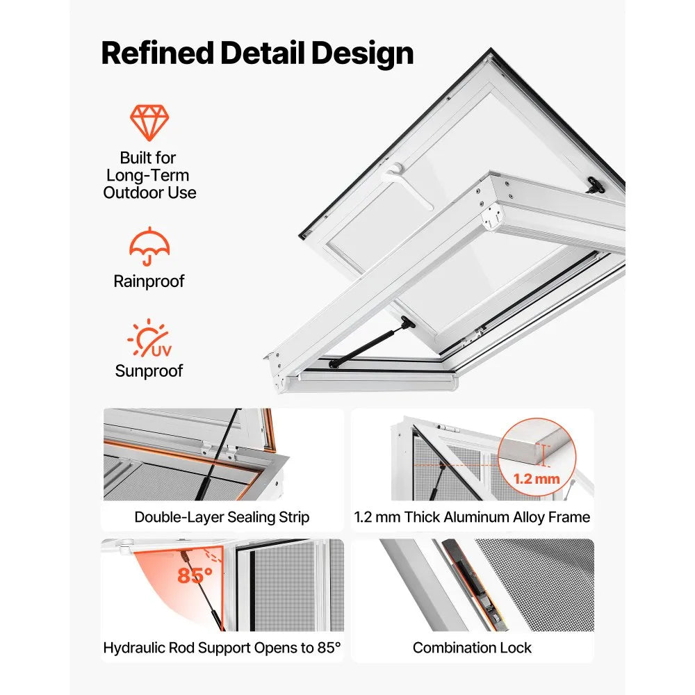 VEVOR Concession Window 36x24 in Aluminum Alloy & Acrylic Service Window, for Food Truck, Up to 85 Degrees Stand Serving with 2 Sliding Screen Windows, Awning Door and Drag Hook, Rainwater Resistant