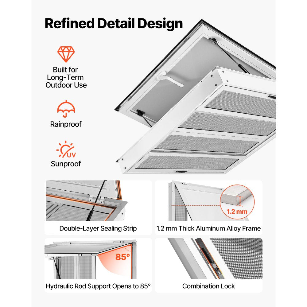 VEVOR Concession Window 36x36 in Aluminum Alloy Frame Service Window, for Food Truck, Up to 85 Degrees Stand Serving with 4 Sliding Screen Windows, Awning Door and Drag Hook, Rainwater Resistant