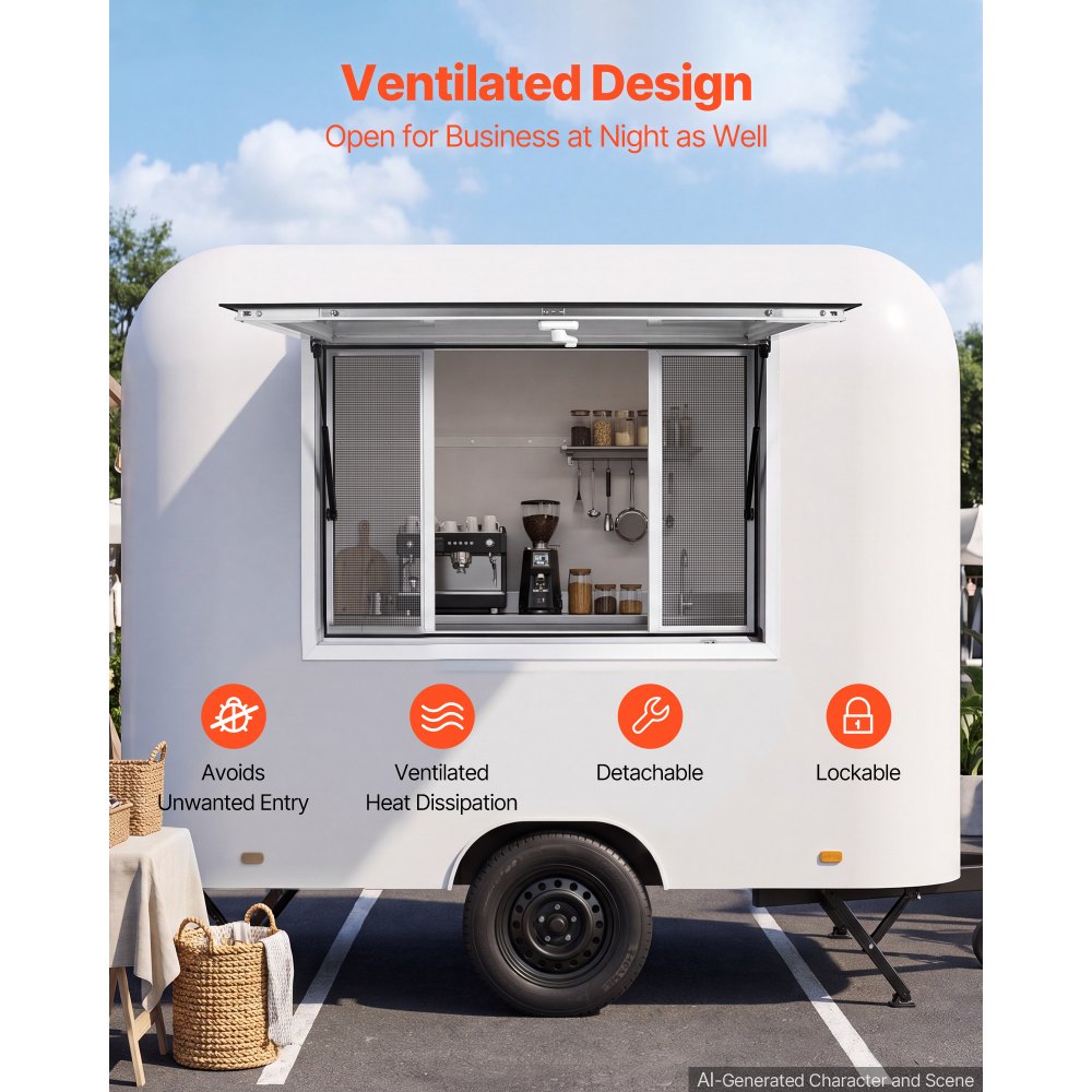 VEVOR Concession Window 45x30 in Aluminum Alloy Service Window, for Food Truck, Up to 85 Degrees Stand Serving with 4 Sliding Screen Windows, Awning Door and Drag Hook, Rainwater Resistant