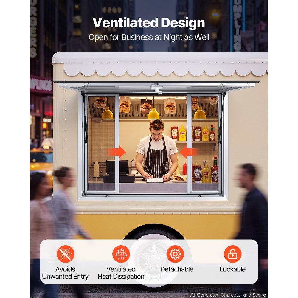 VEVOR Concession Window 48x36 in Aluminum Alloy Frame Service Window, for Food Truck, Up to 85 Degrees Stand Serving with 4 Sliding Screen Windows, Awning Door and Drag Hook, Rainwater Resistant