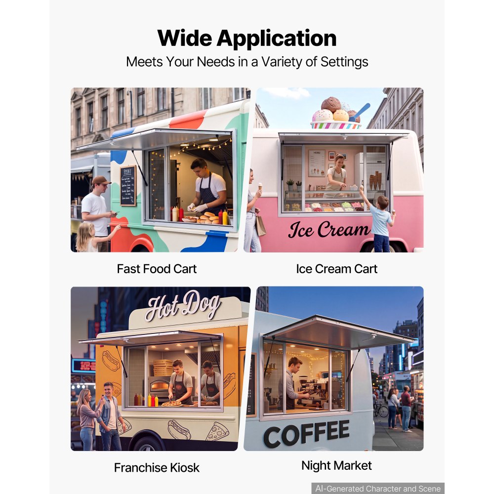 VEVOR Concession Window 48x36 in Aluminum Alloy Frame Service Window, for Food Truck, Up to 85 Degrees Stand Serving with 4 Sliding Screen Windows, Awning Door and Drag Hook, Rainwater Resistant