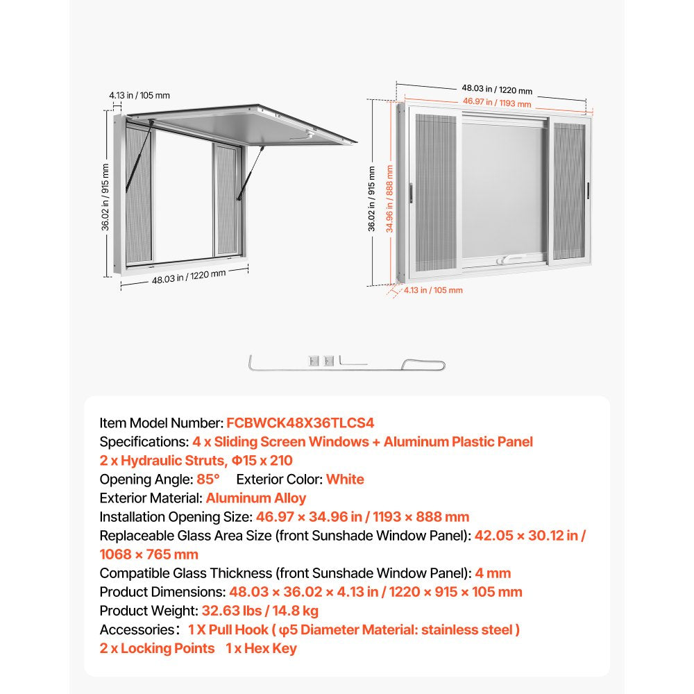 VEVOR Concession Window 48x36 in Aluminum Alloy Frame Service Window, for Food Truck, Up to 85 Degrees Stand Serving with 4 Sliding Screen Windows, Awning Door and Drag Hook, Rainwater Resistant