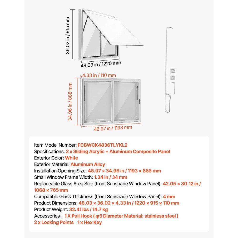 VEVOR Concession Window 48x36 in Aluminum Alloy Service Window, for Food Truck, Up to 85 Degrees Stand Serving with 2 Sliding Acrylic Windows, Awning Door and Drag Hook, Rainwater Resistant